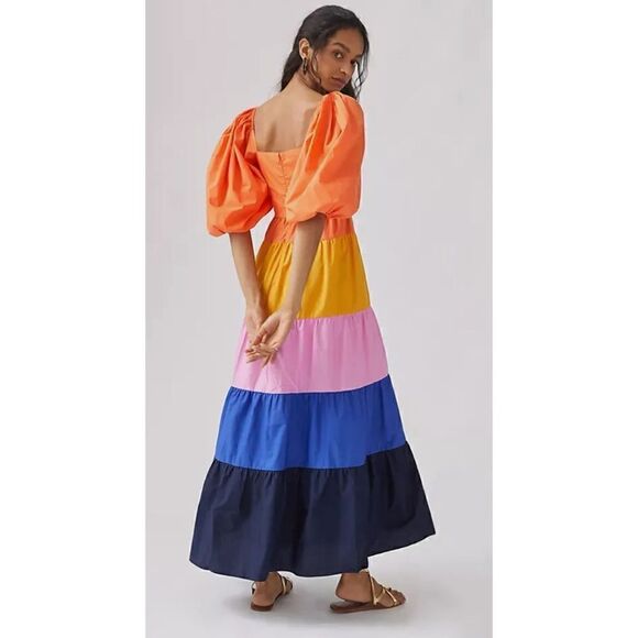 Farm Rio for Anthropology   Colorblock Maxi Dress Balloon Sleeve Tiered Dress XS - Picture 2 of 7